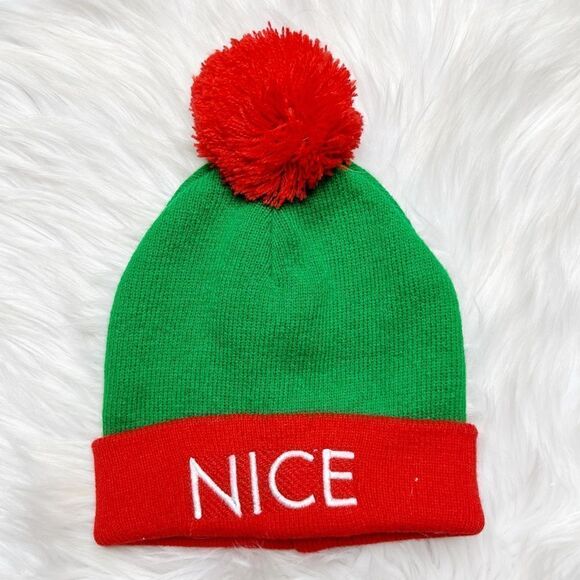 NICE Puff Ball Beanie Hat Red and Green One Size - Picture 1 of 4